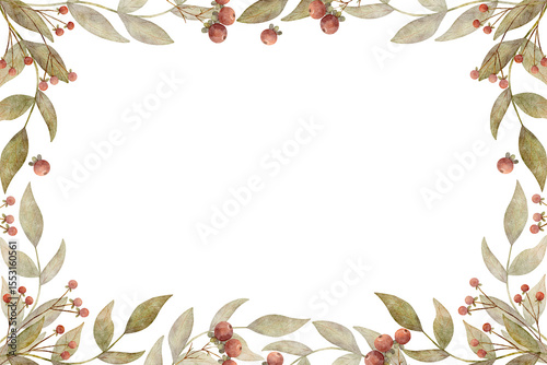 Frame watercolor illustration green branches leaves foliage, red berries. Template hand drawn on isolated background for design holiday, new year, christmas, autumn, postcard, packaging label poster