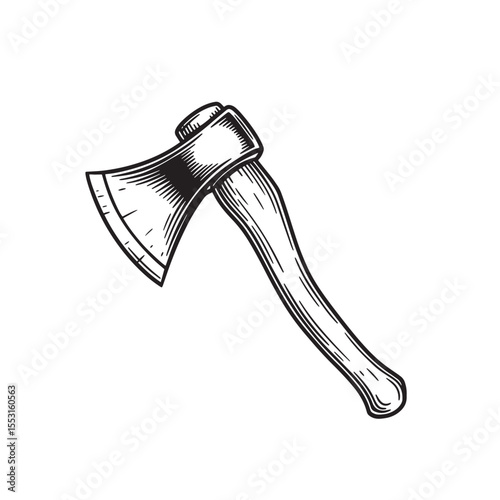 Detailed vintage art silhouette depicting an axe hand tool with a wooden handle and blade