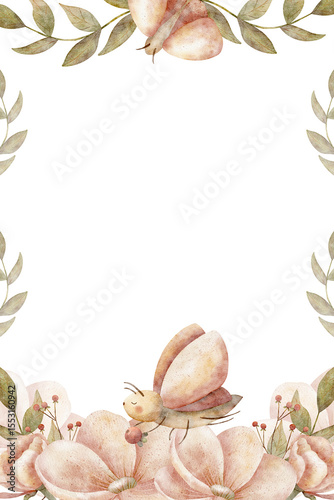 Frame watercolor pink flowers flying butterfly, motel green leaves, illustration peonies, roses hand drawn in children's style on isolated background. Template for holiday postcards posters, packaging