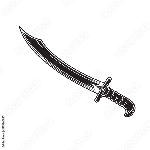 Detailed vintage art silhouette of a curved saber sword depicting weaponry for historical fighting or fantasy design