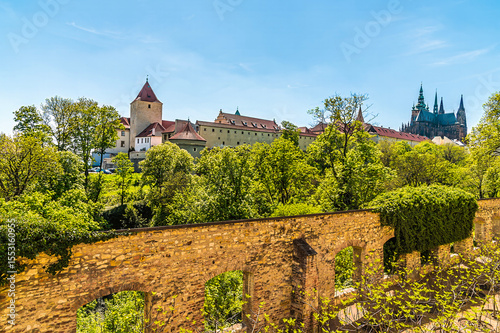 A panorama view from the castle gardens towards the castle complex and the cathedral  in Prague in springtime