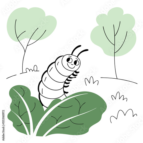 Caterpillar chewing cabbage leaves in a garden with trees  