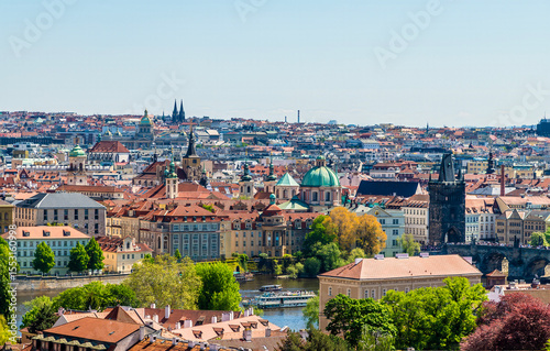 A view from the castle complex towards the Vltava river and central Prague in springtime