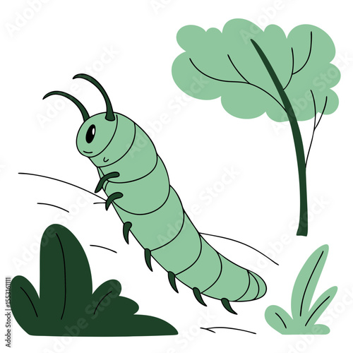 Green hornworm caterpillar crawling among leaves in a garden setting  