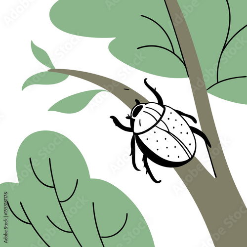 Insect crawling on tree branch among green leaves representing garden pests  