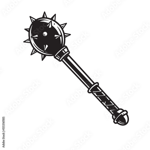 Detailed vintage art silhouette of a medieval spiked mace weapon isolated on white background