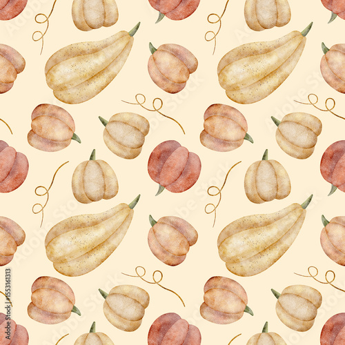 Pumpkin pattern yellow, orange, red. Watercolor illustration autumn harvest vegetables hand drawn. Seamless print on pastel beige background for design textiles, fabrics, wallpapers, packaging clothes