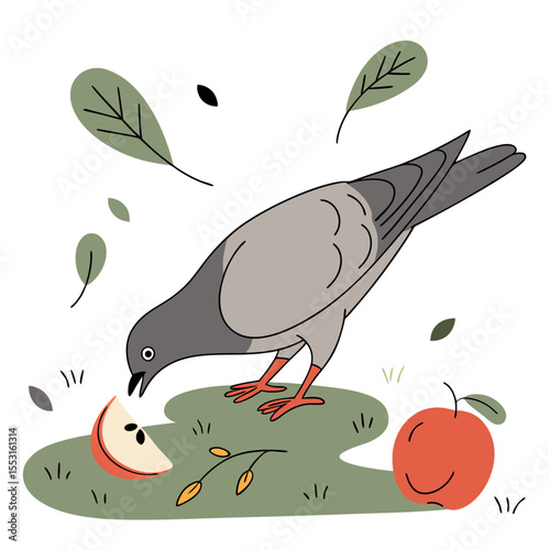 Pigeon eating fallen fruit on grass with leaves in garden setting  