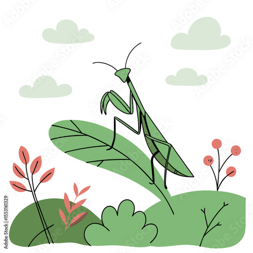 Praying mantis resting on green leaf among plants in garden  
