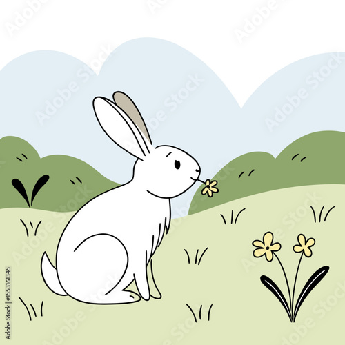 White rabbit sitting in grass and nibbling on a flower - Concept of Garden pests  