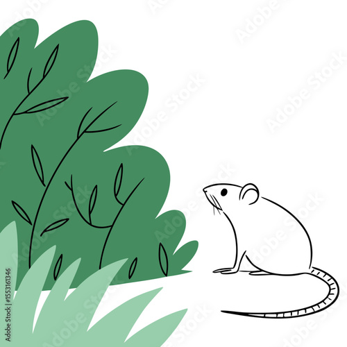 Mouse sitting near green bush in minimal style, concept of garden pests  