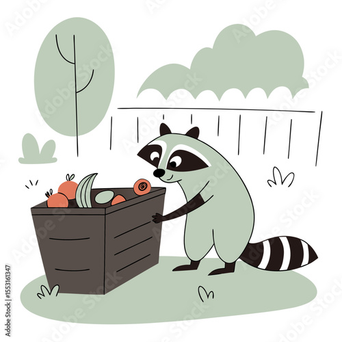 Raccoon digging through compost bin for leftover vegetables and fruits  