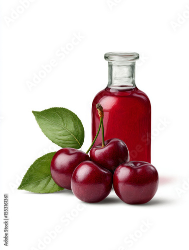 A glass bottle filled with bright red cherry syrup stands alongside fresh cherries and green leaves, showcasing vibrant colors