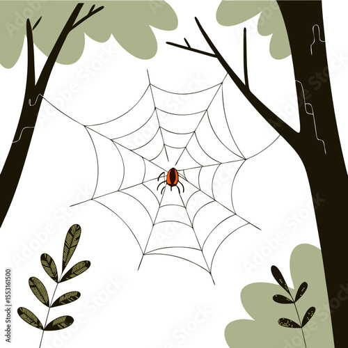 Spider web with spider hanging between trees in natural setting  