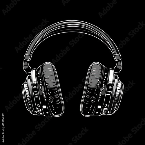 Detailed black and white illustration of large over-ear headphones against a black background, conveying a sense of focus and immersion