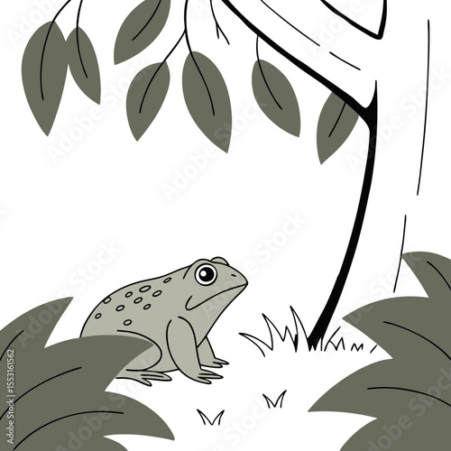 Frog hiding under leaves near tree in a simple nature setting  