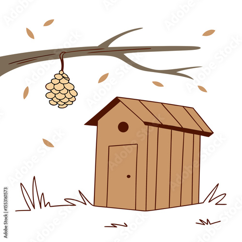 Wooden shed under tree with wasp nest and falling leaves  
