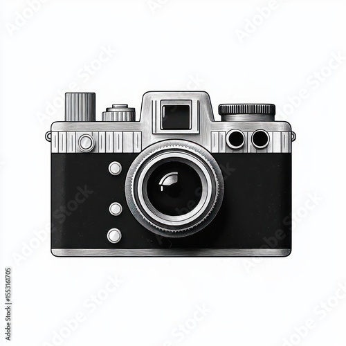 Black and silver vintage camera with multiple dials and lens on a white background