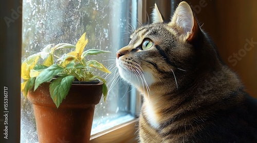 Close-up of a tabby cat with green eyes gazing thoughtfully out a window next to a potted plant with green and yellow leaves on a rainy day