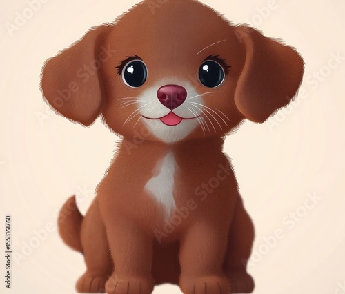adorable small brown puppy with a white chest sitting and looking with big shiny eyes and a happy expression