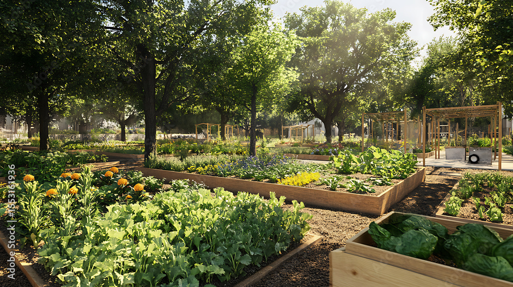 Obraz premium A community garden bustling with life, showcasing collaboration and growth, warm and inviting.