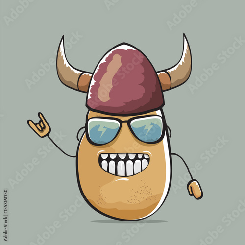 vector funny cartoon cute brown super hero Viking potato with viking helmet isolated on grey background. My name is potato vector concept. Super vegetable funky Viking character