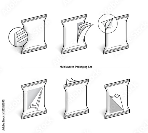 Set icons for example of a multilayer flexible packaging film structure for recycling. The outline icons are well scalable and editable. Great for infographic. EPS10.