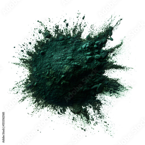 Splash or pile of dark green spirulina or chlorella powder, isolated on a clean white background, top view,