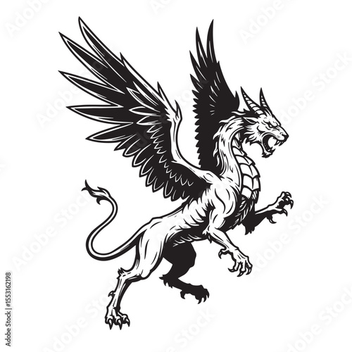 Fierce winged creature griffin illustration a detailed vintage art silhouette of a legendary beast on white background