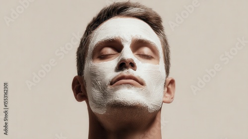 Male Model in Skincare Campaign with Facial Treatment, Applying White Face Mask