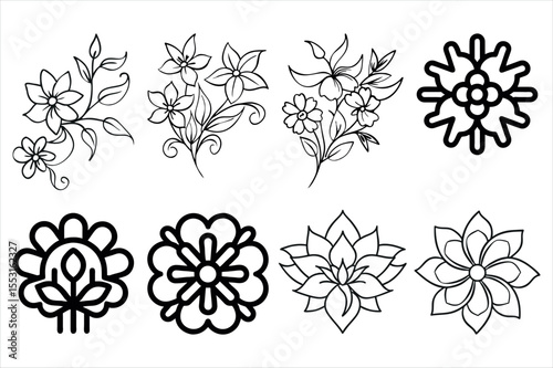 Elegant Black and White Floral Designs Intricate Line Art for Creative Projects Botanical Illustrations and Artistic Decorations Collection