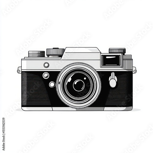 Black and silver vintage film camera with lens and knobs in a detailed front view illustration