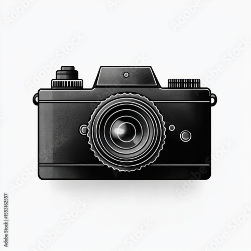 black vintage camera with large lens and detailed buttons on white background
