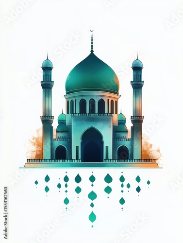 Illustration of a large mosque with a prominent green dome and two tall minarets against a white background with decorative hanging patterns and light orange accents