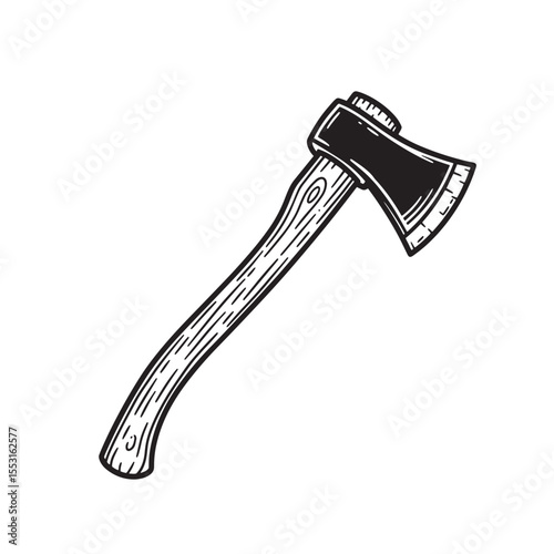 Hand drawn vintage art silhouette of an axe with wooden handle illustrated for cutting and wood chopping tools