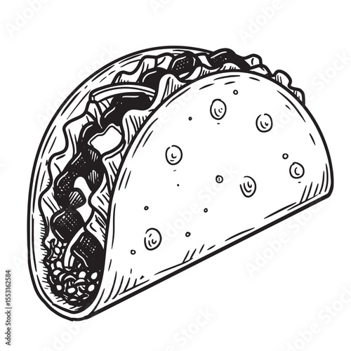 Hand drawn black and white vintage art silhouette of a delicious taco with fillings isolated on a white background