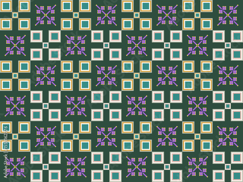 A geometric pattern with small floral motifs on a dark green background, featuring turquoise squares and orange-outlined squares, creating an elegant and vibrant design.