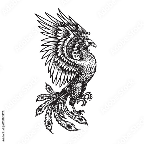 Intricate black and white vintage art silhouette of a majestic mythical phoenix with detailed feathered wings and tail