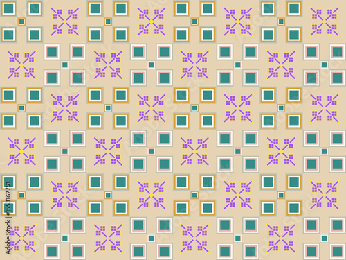 A geometric pattern with small floral motifs on a beige background, featuring turquoise squares and yellow-outlined squares, creating a modern and orderly design.
