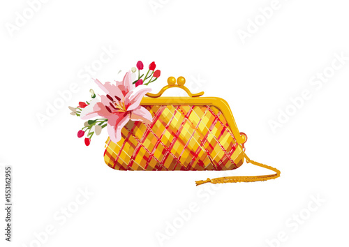 Timeless Yellow Bag with Lily and Plaid, Vibrant Handbag with Floral Arrangement, Designer Plaid Purse with Nature Motif, Colorful Accessory with Spring Flower Decor

