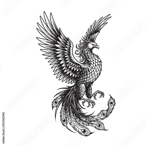 Intricate vintage art silhouette of a mythical phoenix bird with detailed feathers and wing span design