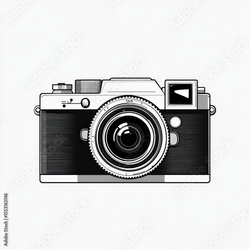 Detailed black and white illustration of a vintage style camera with lens, viewfinder, buttons, and textured grip
