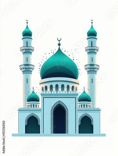 Illustration of a mosque with large central dome and two minarets, featuring crescent moons on top, in shades of blue and teal, on a white background