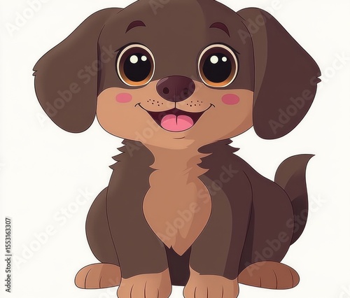 happy cartoon brown puppy with big eyes sitting and smiling with tongue out on a white background