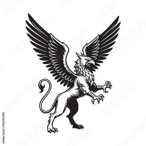 Majestic vintage art silhouette depicting a powerful mythical griffin with outspread wings and a detailed design