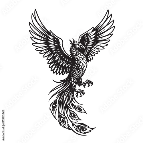 Majestic vintage art silhouette of a phoenix rising ascending with wings outstretched in flight depicting strength and symbolism