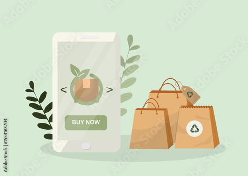 Mobile e-commerce sustainable shopping app interface with eco friendly packaging and recyclable shopping bags. Green online retail. Sustainable shopping. Eco-friendly purchasing. Vector illustration
