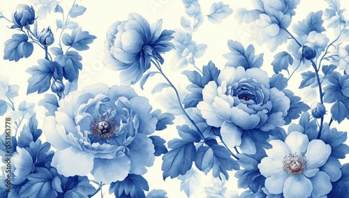 Detailed blue and white floral pattern featuring blooming peonies and leaves with delicate shading on a light background, evoking calmness and elegance