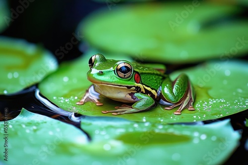 close-up of a vibrant green frog resting calmly on a lily pad surrounded by water droplets and other blurred lily pads in a tranquil aquatic environment