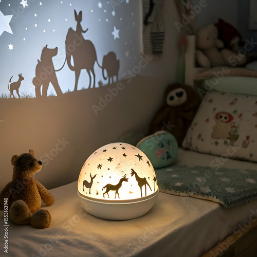 A child’s nightlight softly casts playful animal-shaped shadows across the room in a cozy animation

